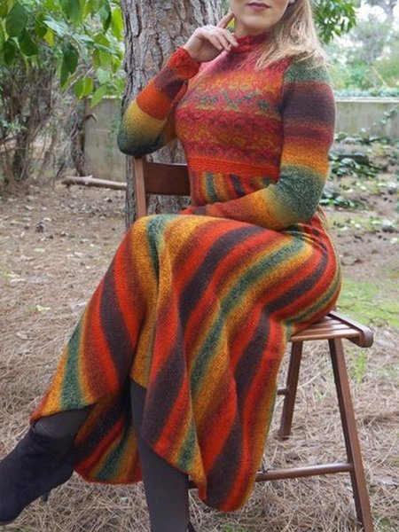 

Abito Elegante Maniche Lunghe Stampato Patchwork, Multicolore, Maxi Dresses