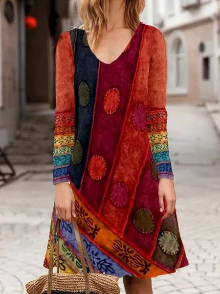 

Long Sleeve Vintage Printed Dresses, Red, Midi Dresses