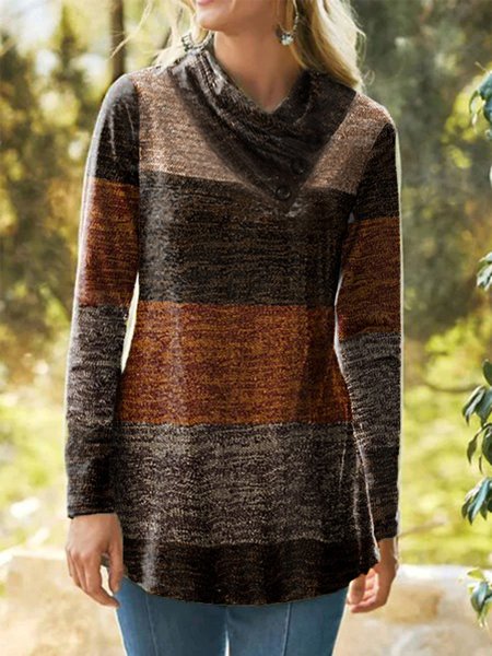 

Top Stampato Floreale Maniche Lunghe Collo ad Anello Strisce, Multicolore, Blouses & Shirts
