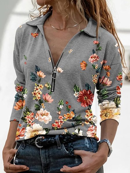 

Top Scollo a V Floreale Maniche Lunghe Casuale, Grigio, T-Shirts