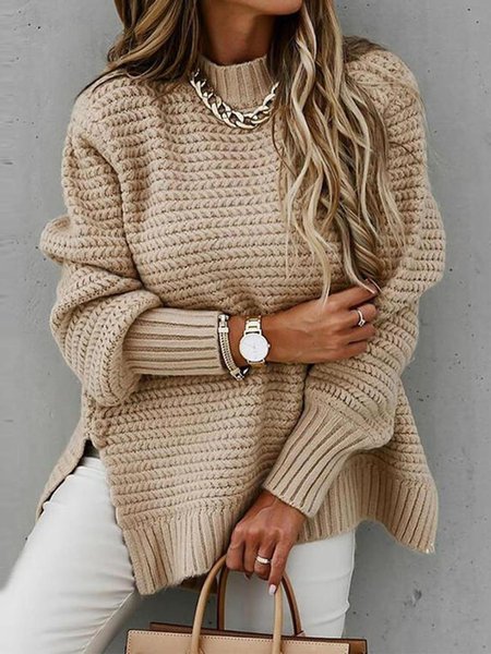 

Maglioni Solido Colletto Rialzato Casuale, Cachi, Knitwear