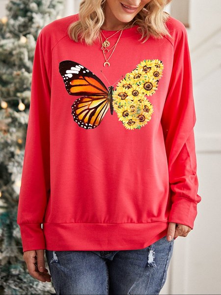 Butterfly Print Round Neck Casual Loose Sweatshirts, Rose red, Hoodies&Sweatshirts