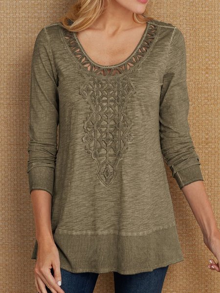 

Women Casual Cotton-Blend Shift Round Neck Shirt, Army green, Tunics