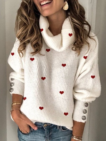 

Heart Print Acrylic Long Sleeve Turtleneck Sweater, White, Sweaters