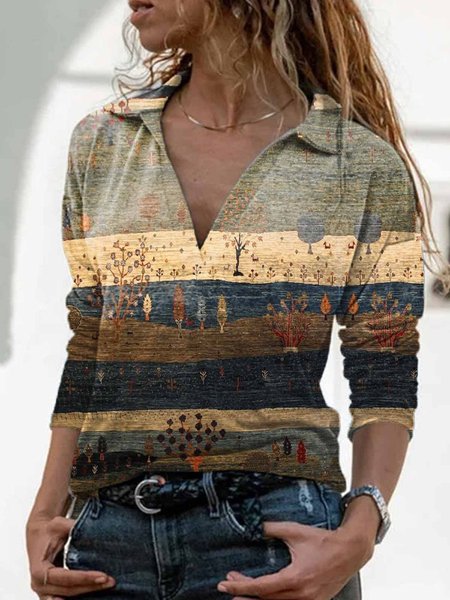

Women Vintage Scenery Print Long sleeve V-neck Casual Shirt, Blue gray, Blouses & Shirts