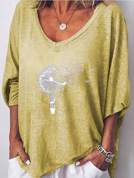

V Neck Long Sleeve Printed T-Shirts, Yellow, Hoodies&Sweatshirts