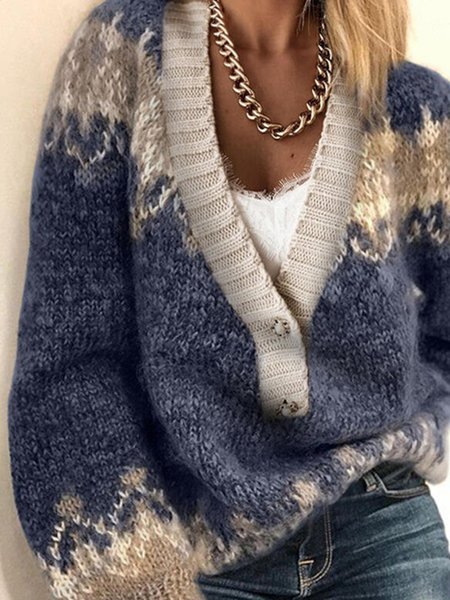 

Print V-Neck Casual Sweaters, Blue, Sweaters & Cardigans