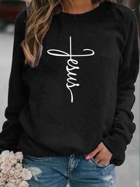 

Long Sleeve Printed Cotton-blend Crew Neck Top, Black, Hoodies & Sweatshirts