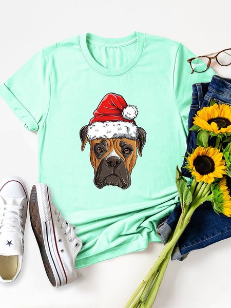 

Christmas Hat Dog Printed Round Neck Casual Short Sleeve T-shirt, Mint, T-shirts