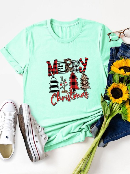 

Merry Christmas Leopard Plaid Christmas Tree Printed Round Neck Casual Short Sleeve T-shirt, Mint, T-shirts