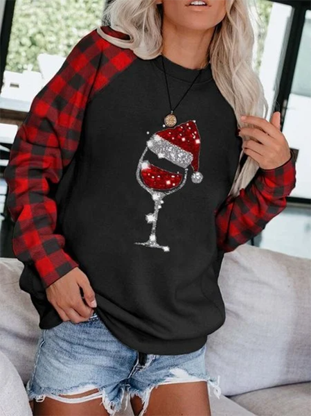 

Ladies Christmas Wine Glass Print Sweatshirt, Black, Auto-clearance