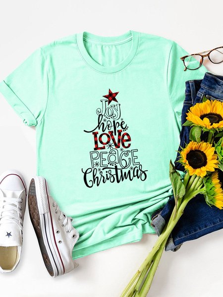 

Joy Hope Love Peace Christmas Printed Round Neck Casual Short Sleeve T-shirt, Mint, T-shirts