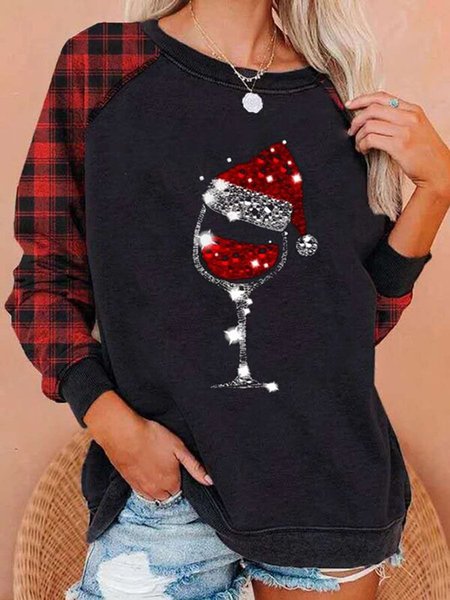 

Women Christmas Wine Glass Print Crew Neck Sweatshirt Top, Black, Hoodies&Sweatshirts