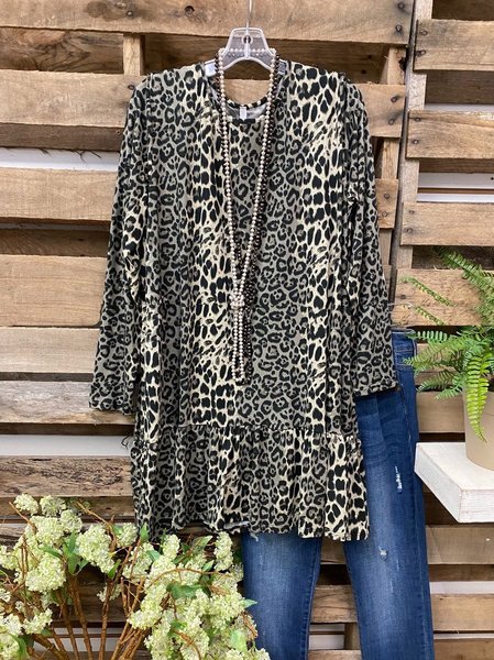 

Long Sleeve Casual O-Neck dress, Leopard, Tops