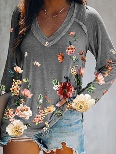 

Plus Size Casual V Neck Floral Long Sleeve Vintage Shirts & Tops, Gray, Blouses & Shirts