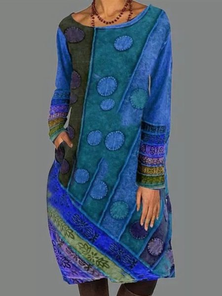 

Abito Girocollo Semplice Maniche Lunghe, Blu, Midi Dresses
