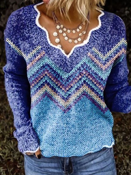 

Striped V-Neck Casual Sweaters, Blue, Sweaters