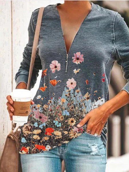 

Top Floreale Maniche Lunghe Casuale, Grigio, Blouses & Shirts