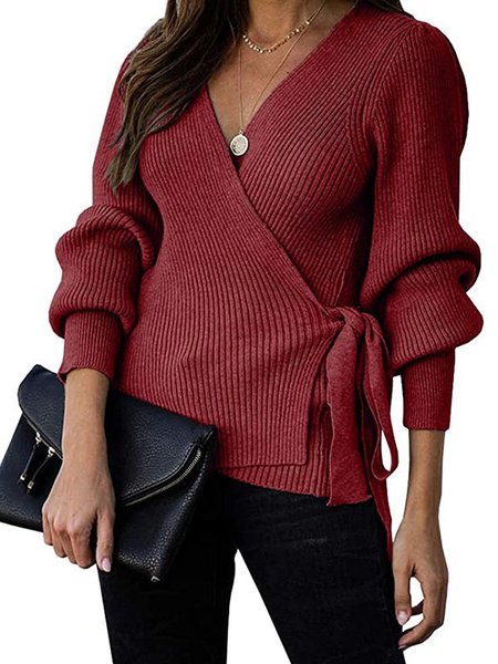 

Cross Wrap Solid Color Long Sleeve Bandage Sweater, Wine red, Sweaters