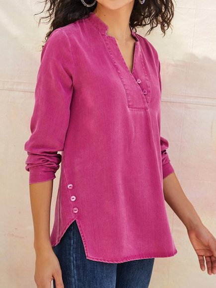 

V Neck Buttoned Long Sleeve Tunic, Rose red, Tunics