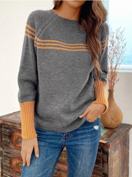 

Long Sleeve Striped Casual Crew Neck Sweater, Gray, Sweaters