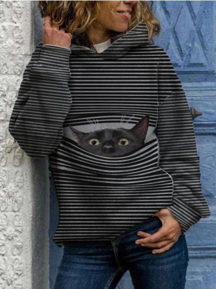 

Cappuccio Casuale a Righe Gatto Stampato Maniche Lunghe Felpa con, Nero, Hoodies & Sweatshirts