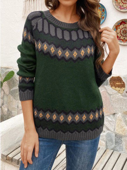 

Vintage Printed Long Sleeve O-neck Contrast Color Sweater, Green, Sweaters