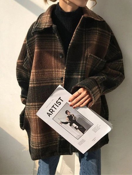 

Long Sleeve Checkered/plaid Shawl Collar Fleece Coat, Coffee, Coats