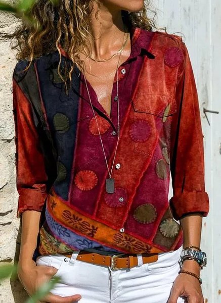 

Top Colletto a Camicia Casuale Geometrico Maniche Lunghe, Rosso, Sweater