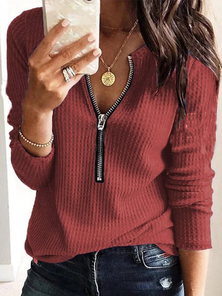 

V Neck Long Sleeve Shirts & Tops, Red, Tops
