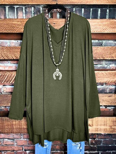 

Raglan Sleeve Solid Color V-neck Casual Tunic Top, Gray green, Shirts & Blouses