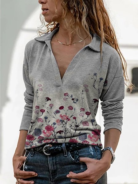 

Top Floreale Maniche Lunghe Casuale, Grigio, Blouses & Shirts
