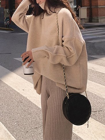 

Sports Solid Turtleneck Sweater, Khaki, Sweaters