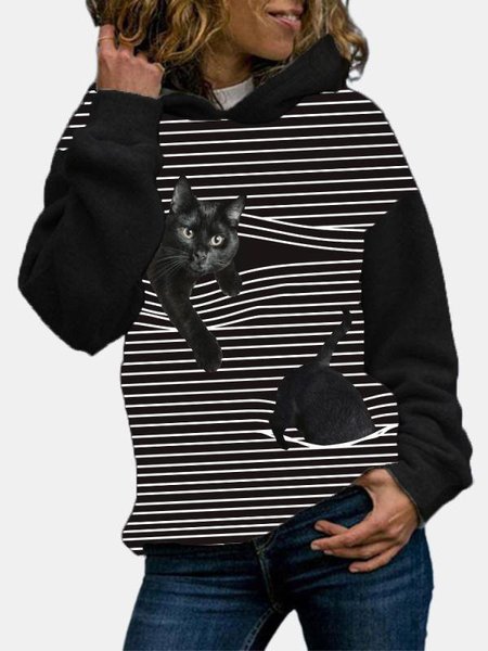 

Cat Print Long Sleeve Hoodie Striped Sweatshirt, Black, Hoodies&Sweatshirts