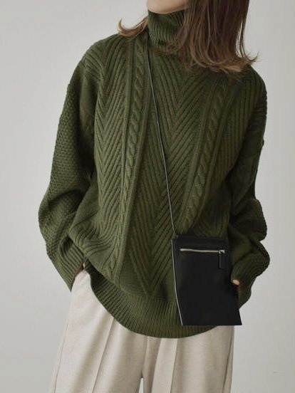 

Turtleneck Cotton Simple & Basic Long Sleeve Sweater, Green, Sweaters
