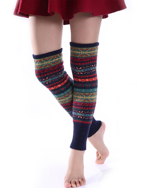 

Vintage Geometric Woven Over Knee Leg Warmers Socks, Navy blue, Socks