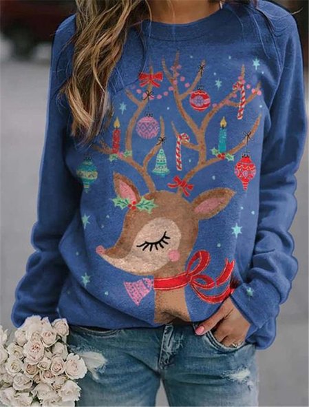 

Christmas Cartoon Print Long Sleeve Sweatshirt, Blue, Hoodies&Sweatshirts