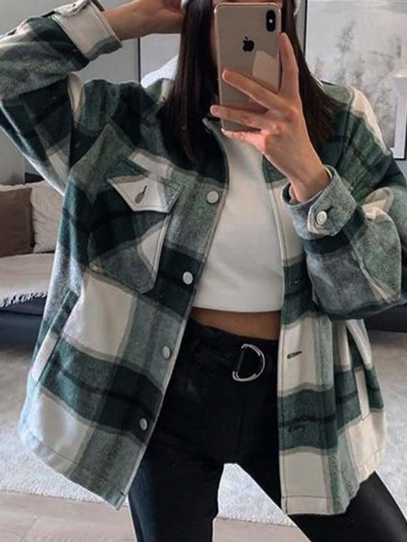 

Long Sleeve Shift Checkered/plaid Casual Jacket, As picture, Coats