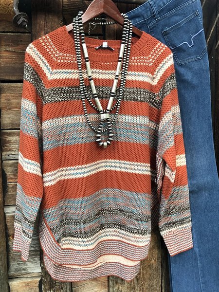 

Autumn and winter casual plus size contrast geometric round neck retro sweater, Orange, Knitwear & Sweaters
