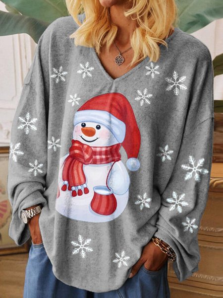 

Print V-Neck Long Sleeves Casual Christmas Blouse, Gray, Blouses & Shirts