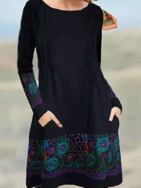 

Girocollo Maniche Lunghe Abito, Nero, Midi Dresses