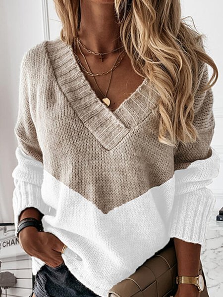 

Color Block V-Neck Casual Sweater, Apricot, Sweaters & Cardigans