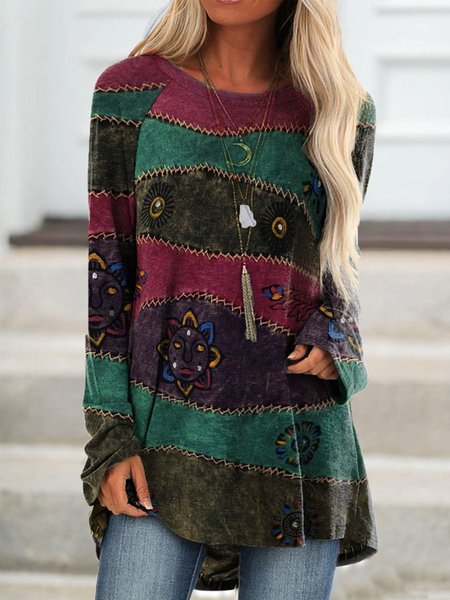

Top Stampato Floreale Strisce Maniche Lunghe Girocollo, Multicolore, Blouses & Shirts