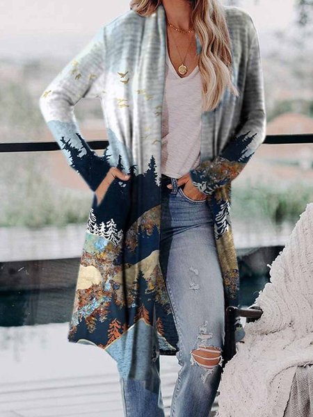 

Cardigan Long Sleeve Casual Printed Comfortable Knit Coat, Blue, Cardigans