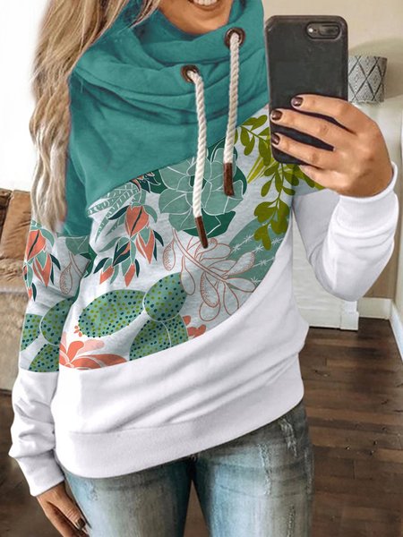 

Autumn and winter warm loose flower stitching Printed Casual Long Sleeve Shift Sweatshirt, Green, Hoodies&Sweatshirts