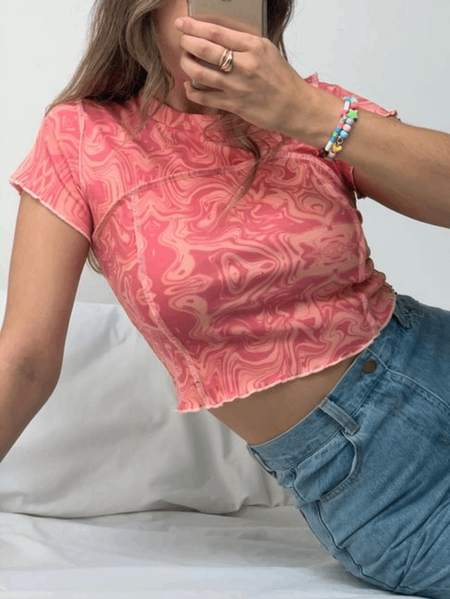

Sweet Abstract Paneled Short Sleeve Top, Pink, Hoodies&Sweatshirts