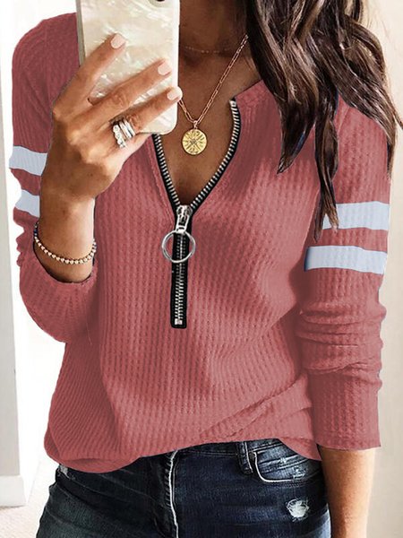 

Casual Zipper V Neck Solid Tops, Pink, Tops