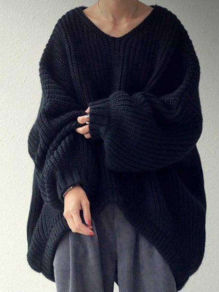 

Long Sleeve Cotton-Blend V Neck Solid Sweater, Black, Sweaters