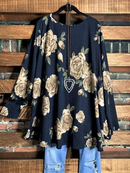

Long Sleeve Flower Print Shirts & Tops, Navy blue, Tops