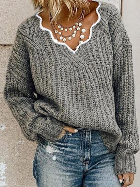

Solid V-Neck Casual Sweaters, Gray, Sweaters